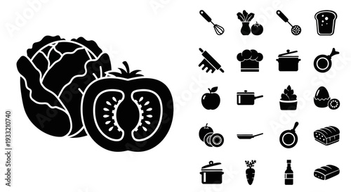 Black silhouettes of cooking ingredients and kitchen utensils displayed together