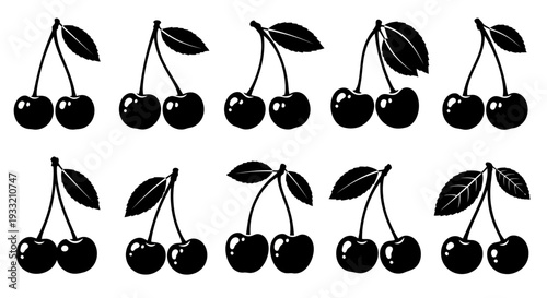Black and white illustration of various cherry arrangements and leaf details
