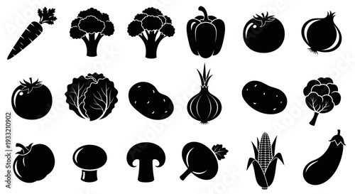 Black silhouette icons depicting a variety of fresh vegetables and produce