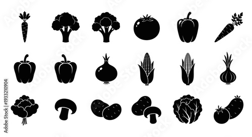 Black silhouettes depict a variety of fresh vegetables and produce