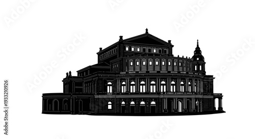 Detailed black and white illustration of a grand european opera house
