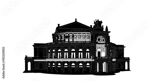 Striking black and white silhouette of a grand ornate opera house building