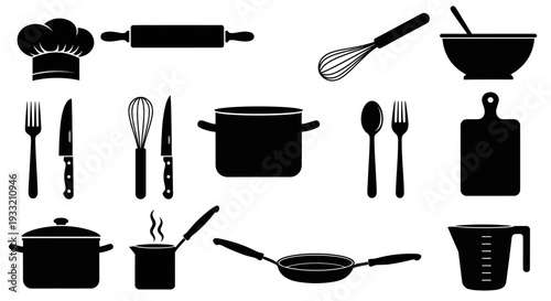 Black silhouette icons depicting various cooking tools and kitchenware