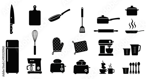 Black silhouettes of various kitchen tools and appliances on white
