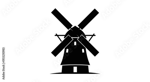 Simple black silhouette of a traditional windmill against a white background