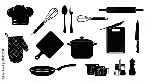 Black silhouettes of various cooking utensils and a chef s hat