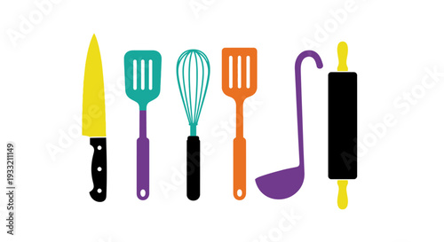 Colorful kitchen utensils arranged in a horizontal line illustration