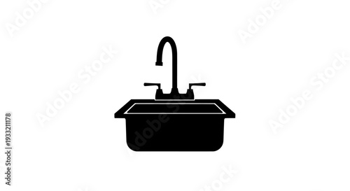 Simple black icon depicting a kitchen sink with a faucet