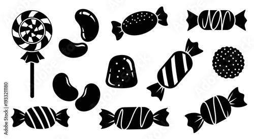 Black and white illustration of various candies and sweets arranged neatly