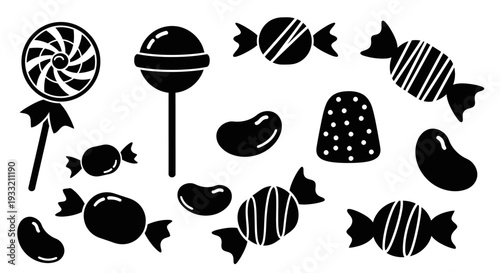 Collection of black and white candy silhouettes arranged on a white background