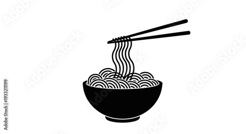 A black and white illustration of ramen noodles in a bowl with chopsticks