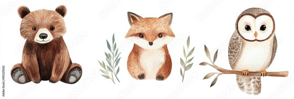 Obraz premium Safari animal set of bear, fox and owl in watercolor style for children's decor and educational materials