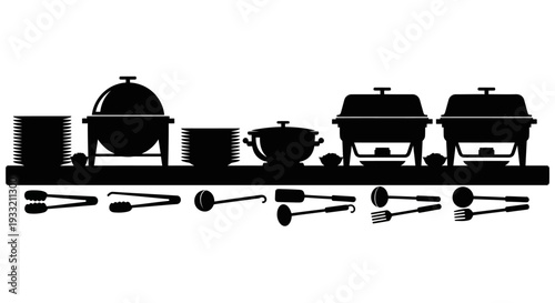 Black silhouette depicting a buffet setup with serving dishes and utensils