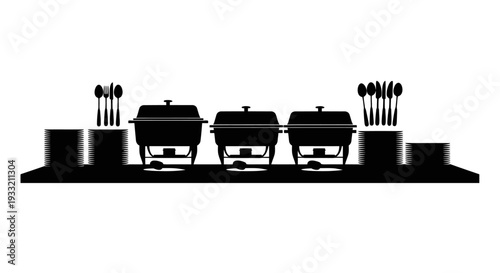 Black silhouette depicting a buffet setup with chafing dishes and plates