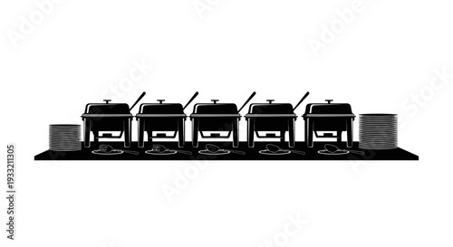 Black and white illustration of chafing dishes and serving ware