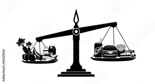 A balance scale depicts the weight of healthy foods versus junk food