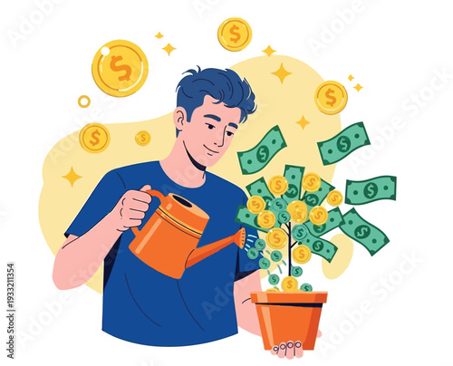Man watering money tree with coins and banknotes plant growing wealth investment financial growth concept saving money successful investment business prosperity abundant return