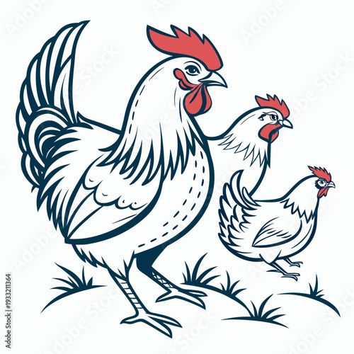 White rooster and hen standing on grass with red combs