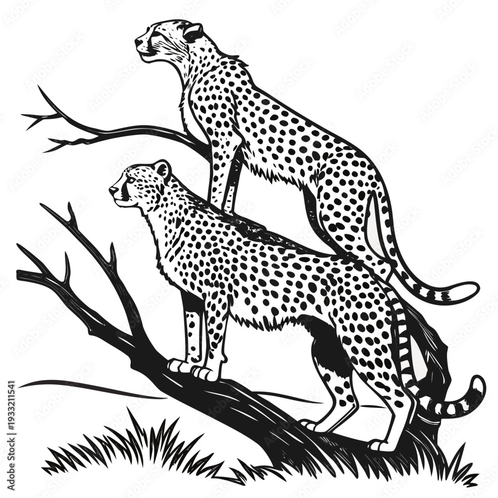 Fototapeta premium Black and white of two cheetahs standing on a tree branch