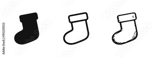 Festive Christmas stocking icons in multiple artistic renditions. Holiday decoration and gift symbol.
