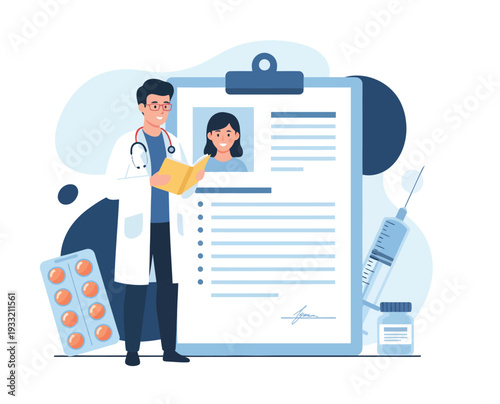Doctor with stethoscope examining patient record on clipboard medical information healthcare professional reviewing chart patient profile health assessment diagnosis care