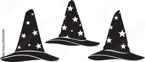 Witch hats silhouette with stars on white background for halloween