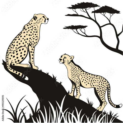 Two cheetahs on tree stump looking away from each other in savannah