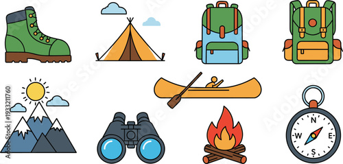 : Camping and hiking equipment vector icon set with outdoor adventure gear for mountain trekking and forest camping