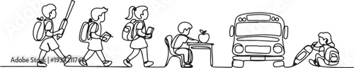 One continuous line drawing of Back to school design vector illustration. Students activity after holiday in design. one line Icon drawing