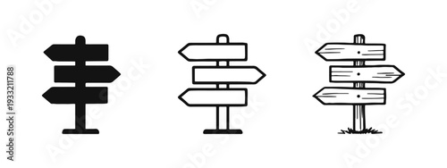 Multi-directional signpost set. Depicts crossroads and multiple path options for complex choices.