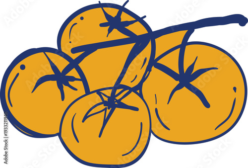 A vibrant illustration of three yellow tomatoes with green stems on a white background showcasing a simple yet appealing artistic rendition of fresh produce