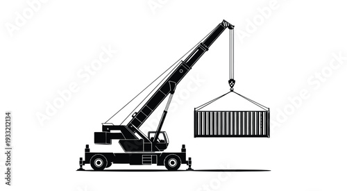 Silhouette of a large construction crane lifting a shipping container against a white background, industrial machinery and cargo handling symbol, port and construction equipment vector illustration.