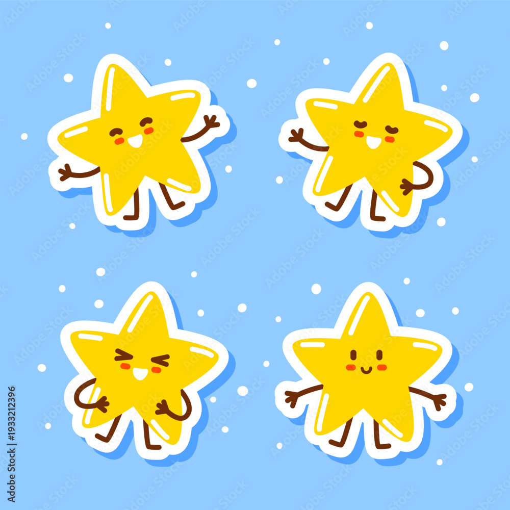 Fototapeta premium Set of cute сartoon shiny twinkle stars stickers - funny characters for Your kawaii happy kids design