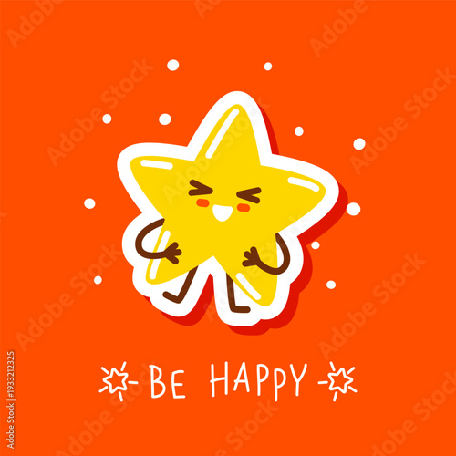 Cute сartoon shiny twinkle star on red background - funny character for Your kawaii happy kids design