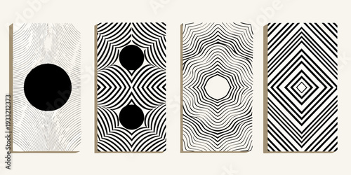 Four optical illusion panels with varying black and white line patterns