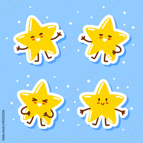 Set of cute сartoon shiny twinkle stars stickers - funny characters for Your kawaii happy kids design