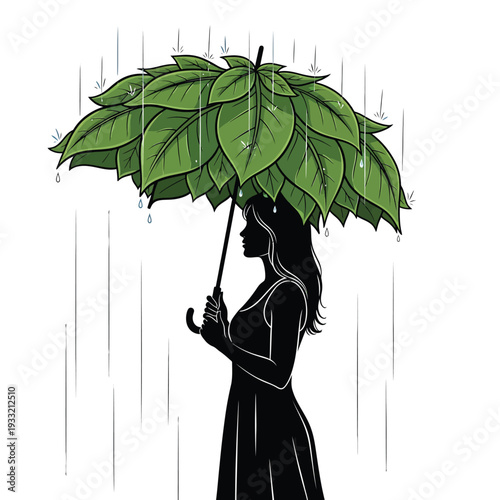 A woman holding a leafy green umbrella stands in the rain, viewed from the side.