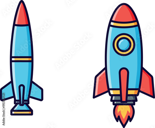 Cartoon rocket ship illustrations in blue red and yellow.