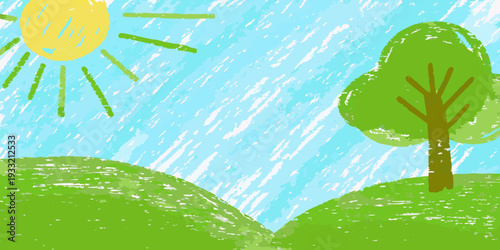 A child s drawing of a sunny landscape with hills and a tree