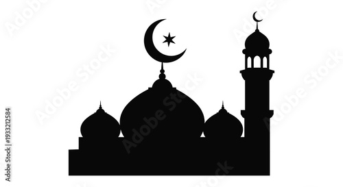 A striking black silhouette depicts an islamic mosque and crescent moon evoking a peaceful nighttime scene silhouette