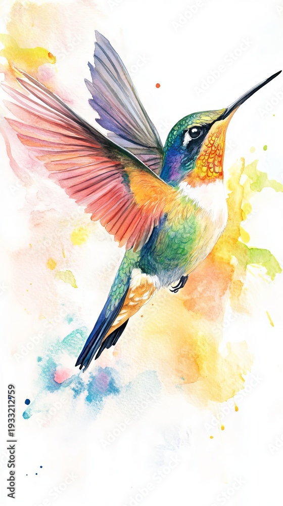 Fototapeta premium Colorful hummingbird illustration in watercolor created with generative AI technology showcasing its wings in motion