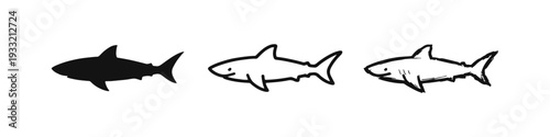 Shark Icon Set in Silhouette, Outline, and Hand-Drawn Sketch Styles