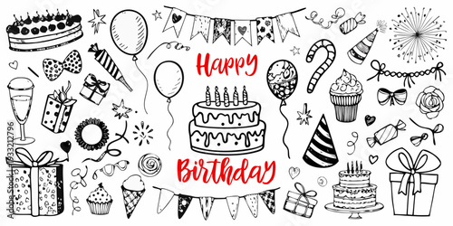 A collection of hand drawn birthday elements and celebratory decorations