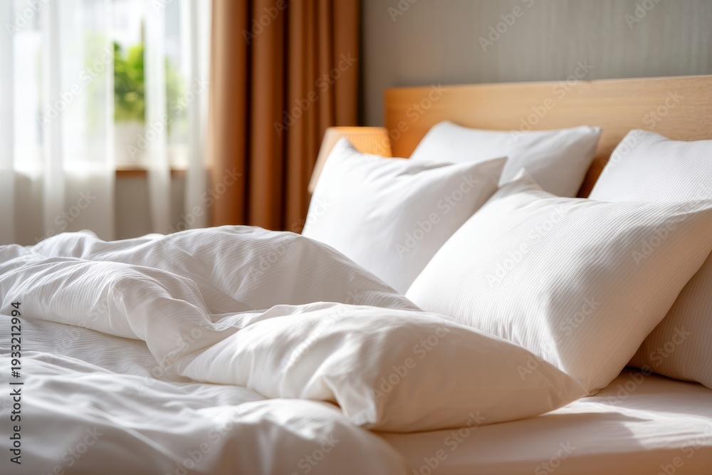 Obraz premium Serene Luxury Bedroom with White Bedding and Natural Morning Light