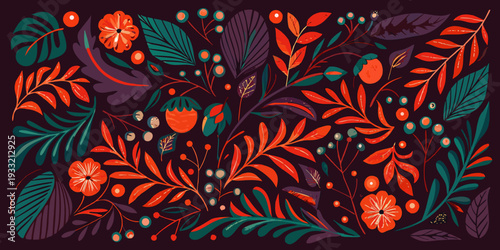 A vibrant botanical illustration featuring various leaves flowers and berries