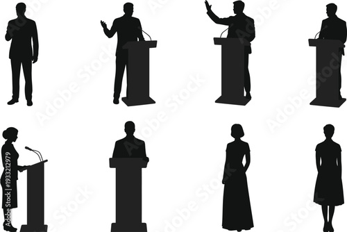 Black people silhouettes collection, male and female figures, podium public speaking icons, debate presentation poses for communication, politics, education design