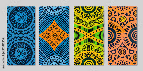 Four vibrant patterned panels with bold geometric and organic designs