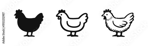 Farm Hen Icon Set. Vector silhouette, outline, and hand-drawn sketch style chicken graphics facing left.