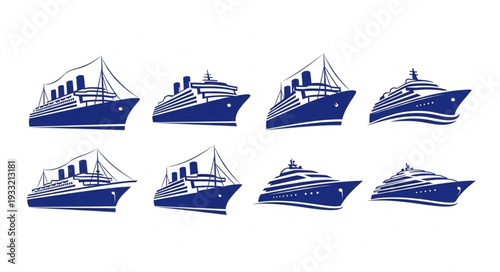 Collection of various blue cruise ships and boats in different designs and styles.