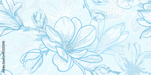 Delicate blue floral pattern featuring stylized magnolia blossoms and leaves
